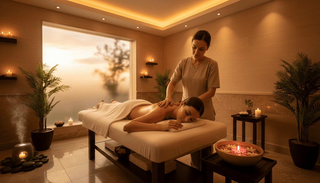 Person receiving a massage in a peaceful spa room with warm, soothing lighting
