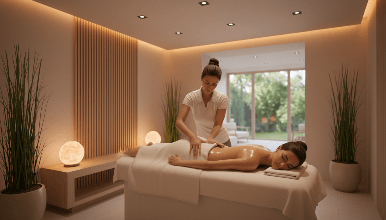 Woman receiving a therapeutic back massage in a calm spa room