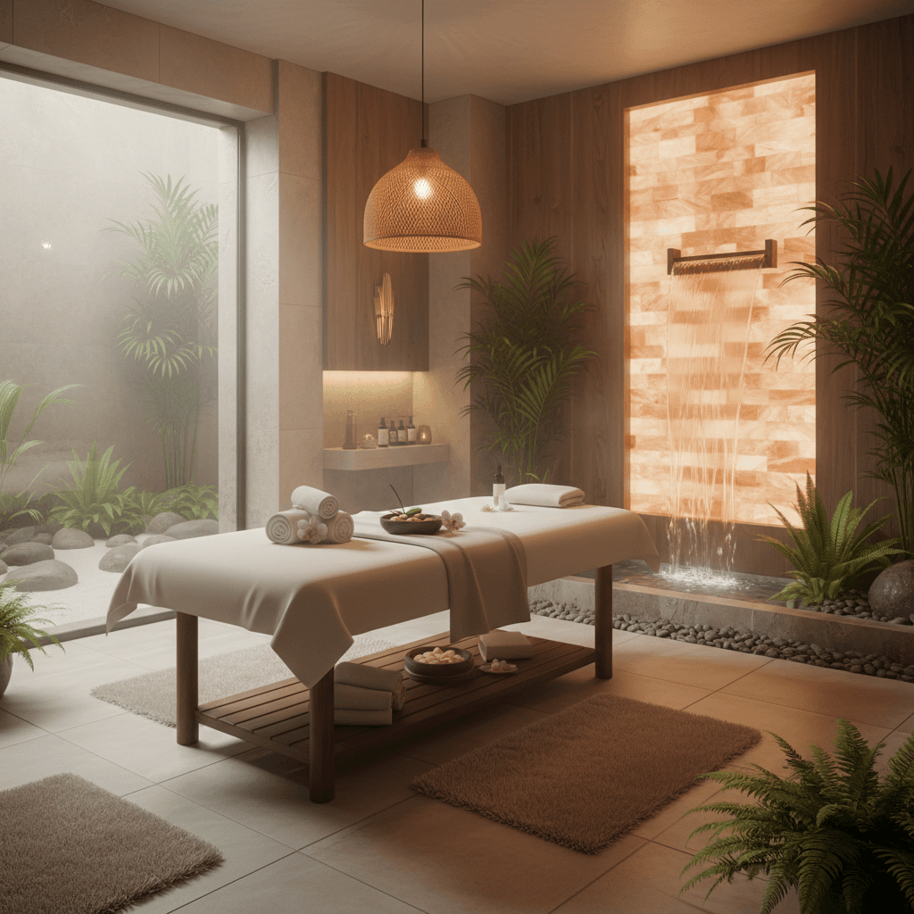 Calm spa interior with a treatment table