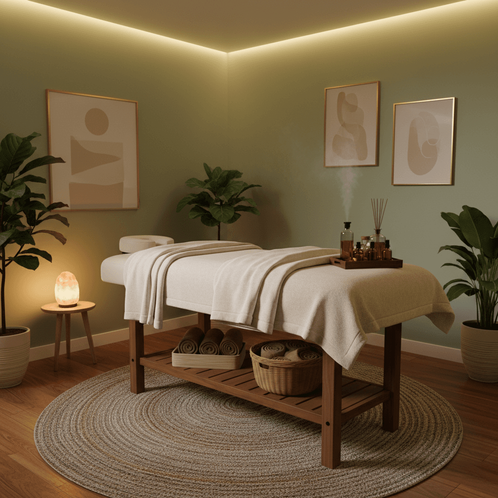 Calm massage room with treatment table and warm lighting