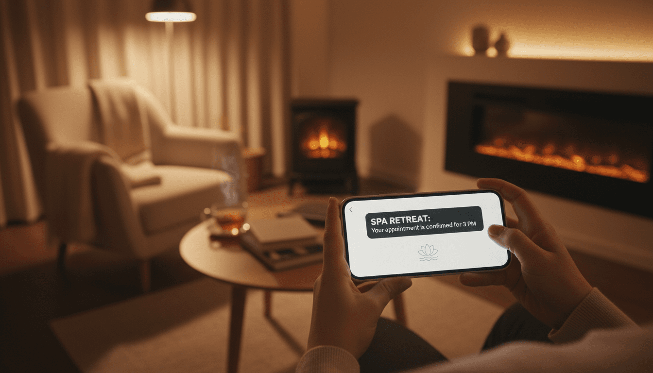 A person holding a smartphone showing a spa deal notification in a cozy, relaxing room with soft lighting.