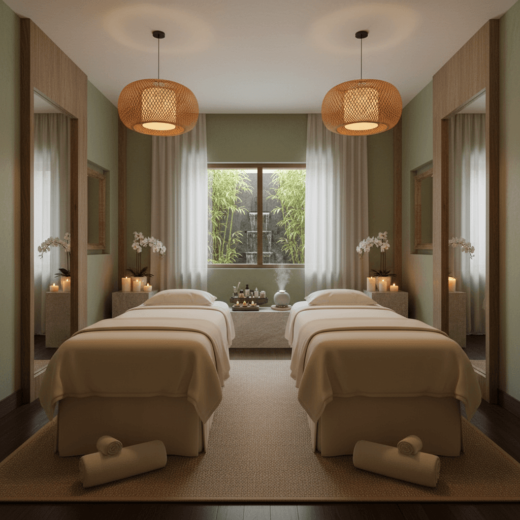 Private couples massage room with parallel treatment tables