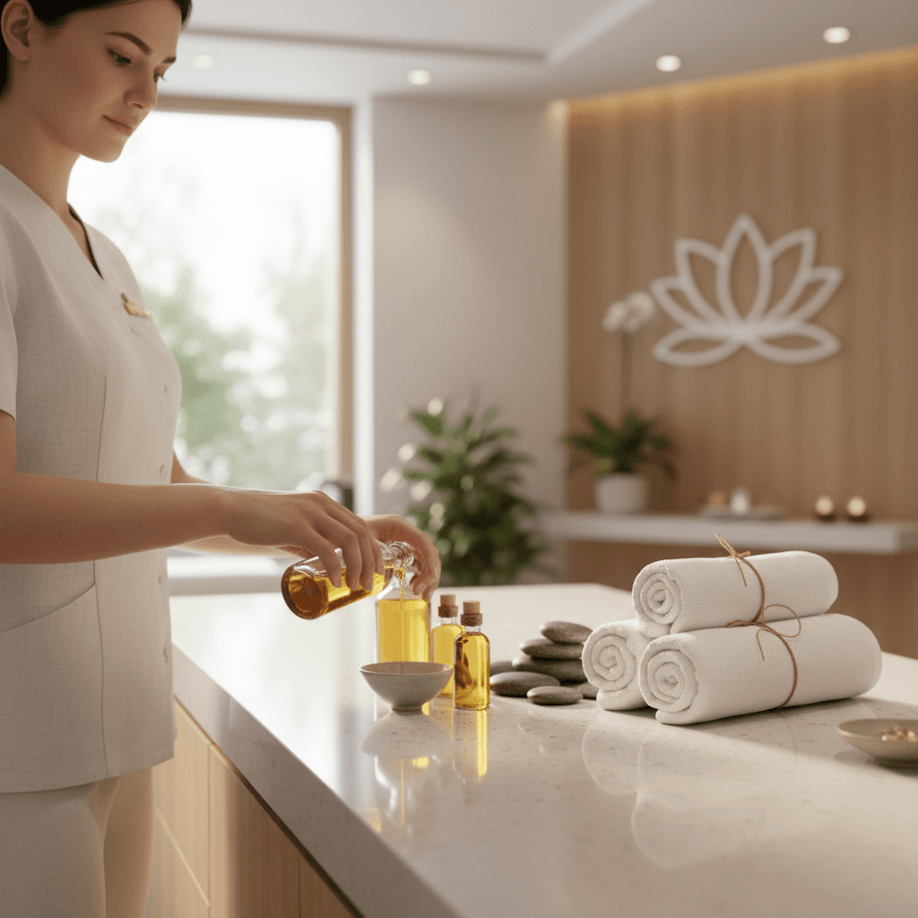 Therapist preparing oils and towels in clean spa room