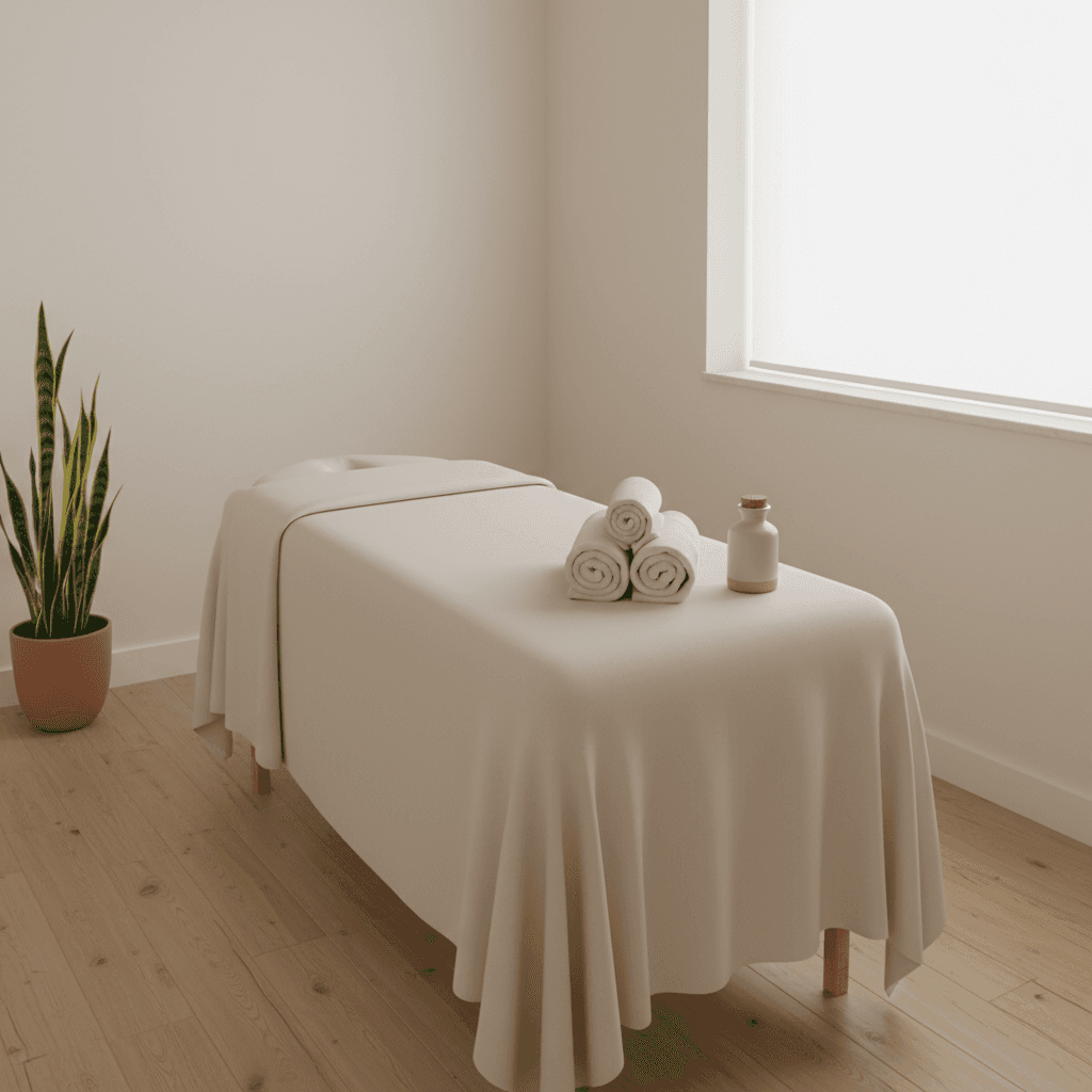 Clean and organized massage room with a treatment table and towels