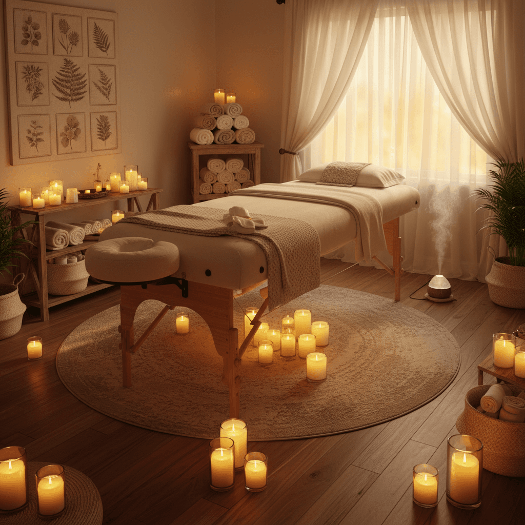 Warm and inviting massage therapy room with candles, soft towels, and a professional massage table