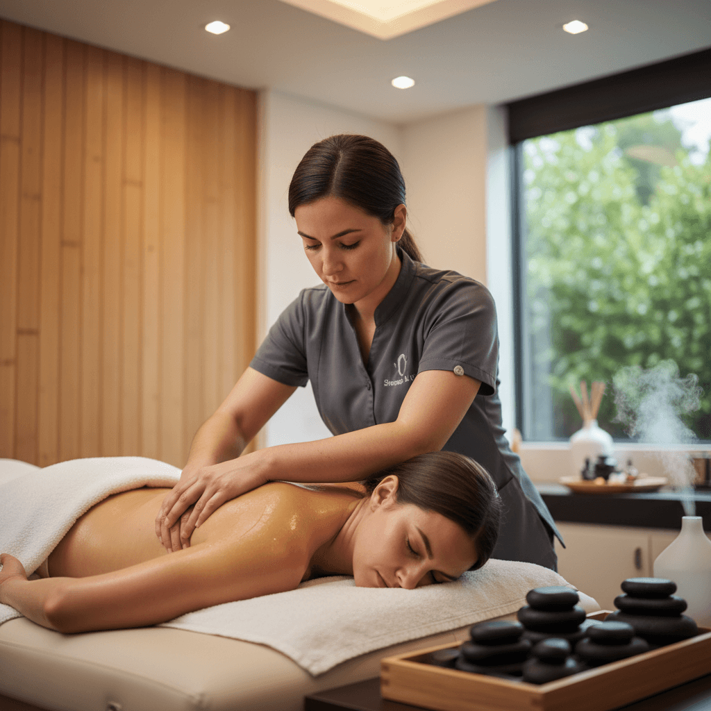 Massage therapist applying pressure on a client's back