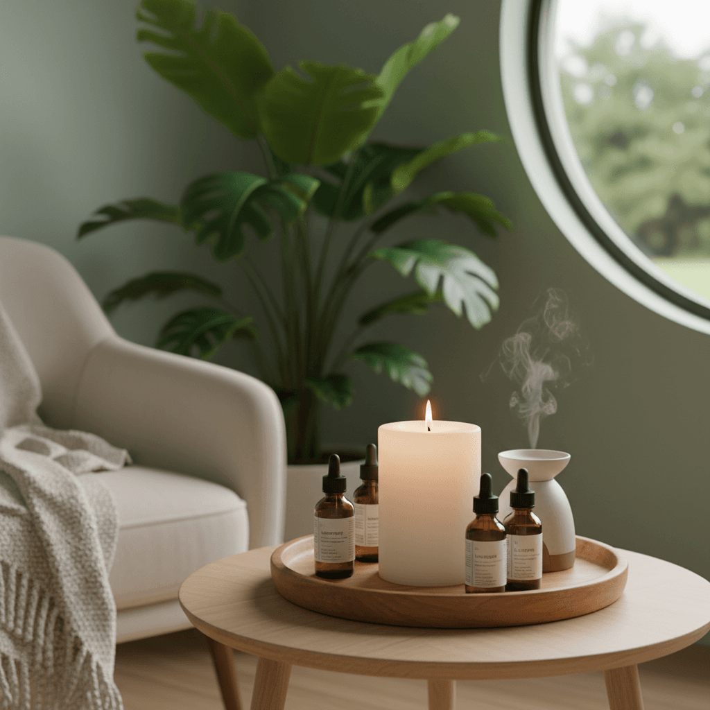 Relaxation corner with candle and essential oils