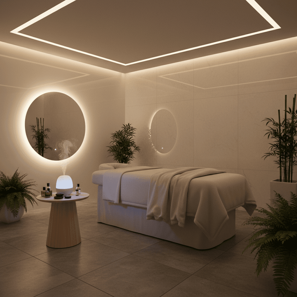 Spa treatment room with aromatherapy diffuser and dim lights