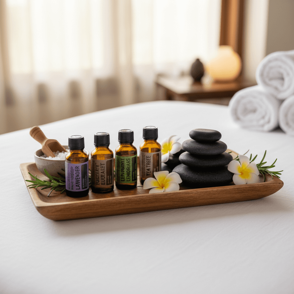 Aromatherapy oils and stones arranged neatly on a wooden tray in a spa setting