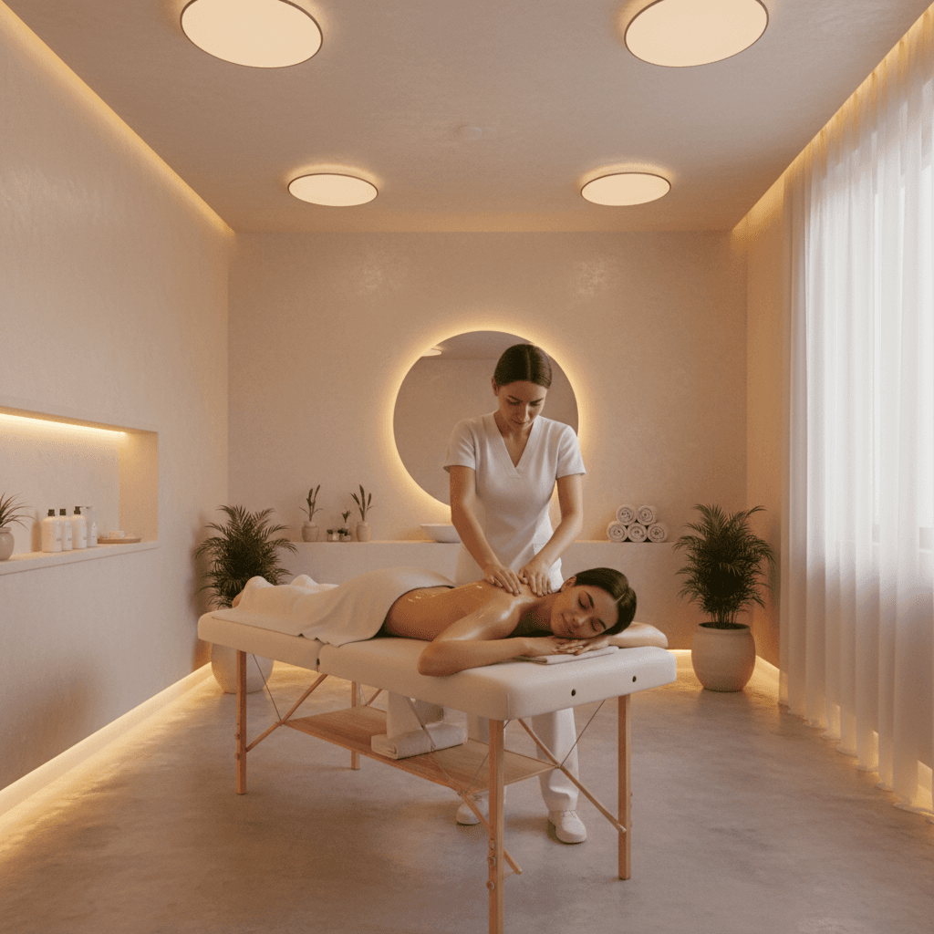 Person receiving a relaxing back massage in a clean, modern spa room with warm lighting