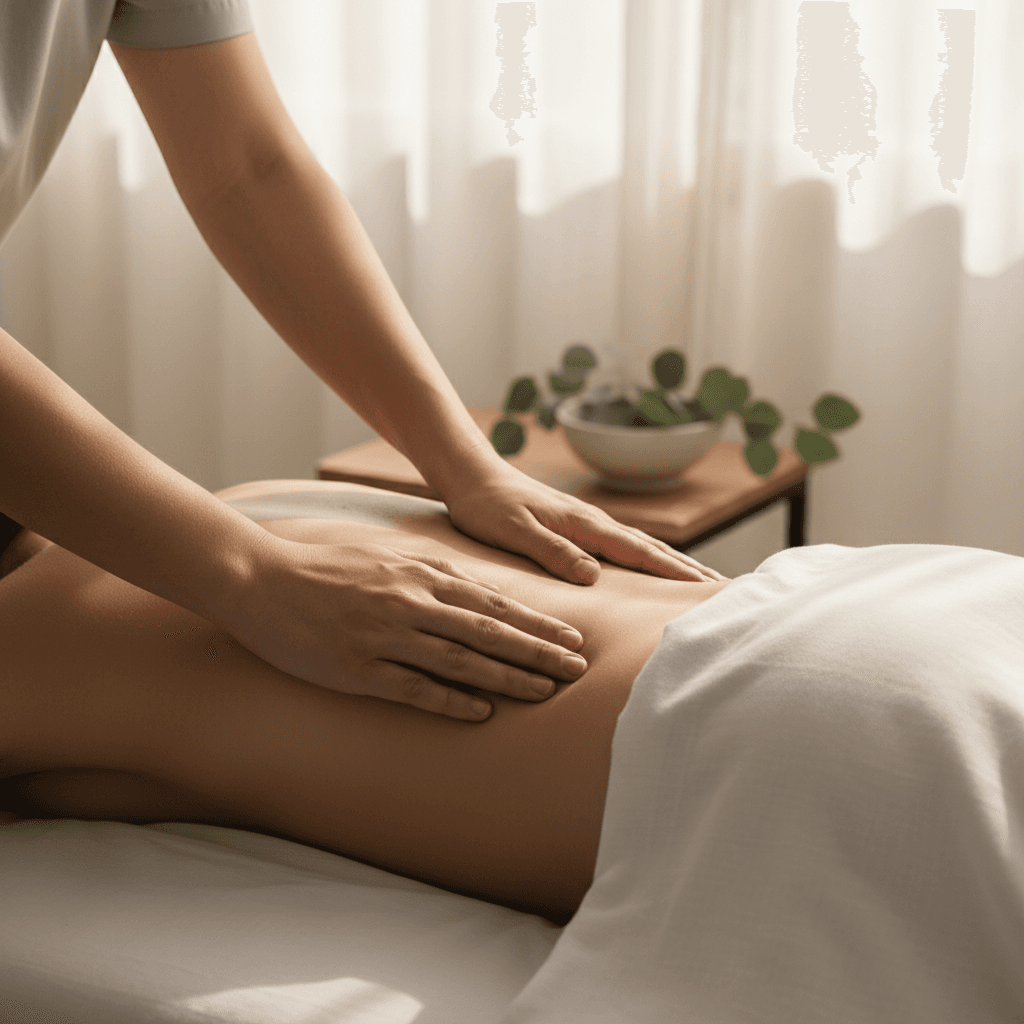 Therapist's hands performing a back massage on a client in a clean spa room