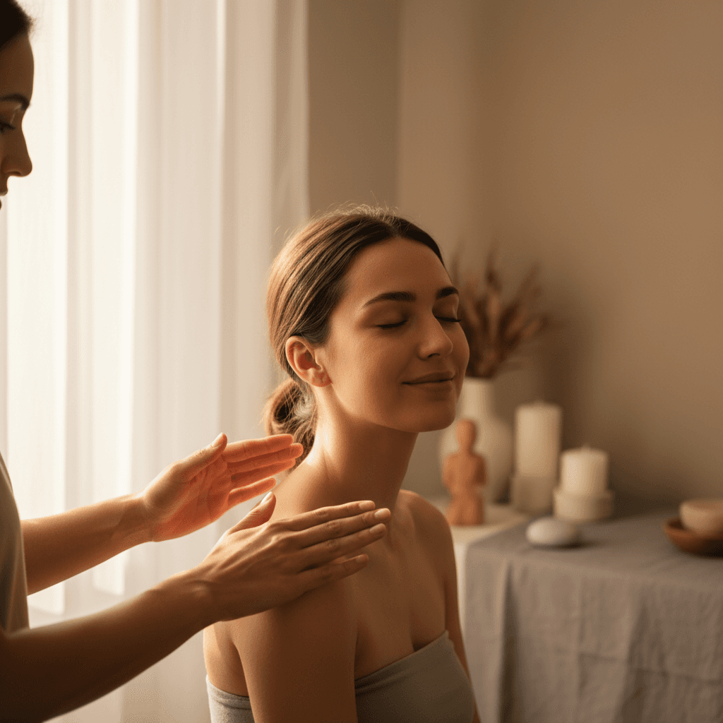 Therapist hands massaging a person's shoulder in a spa session