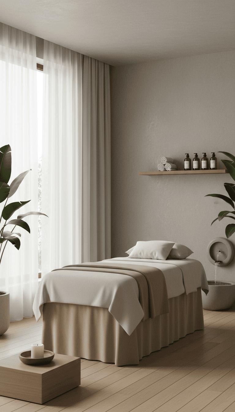 Clean massage table with essential oils in a sunlit spa room