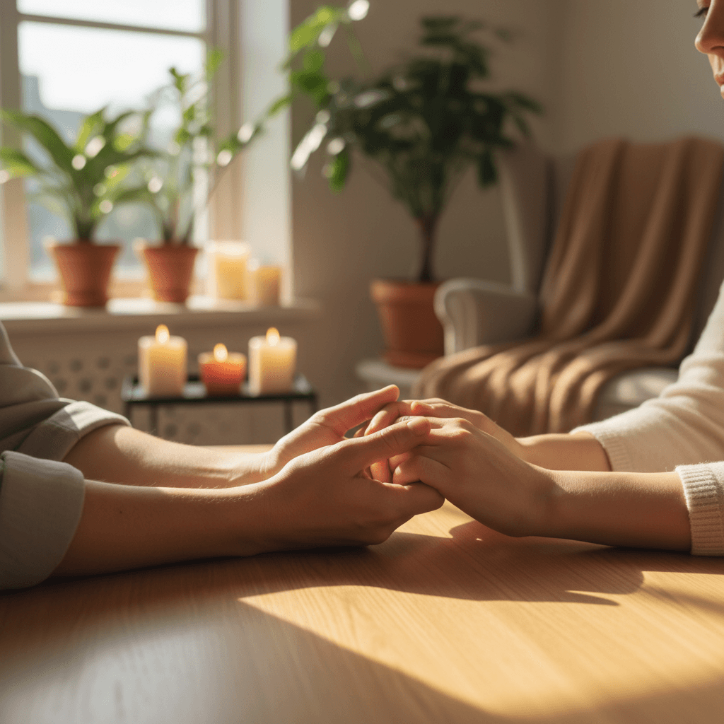 Therapist hands working on a client's shoulder during a massage