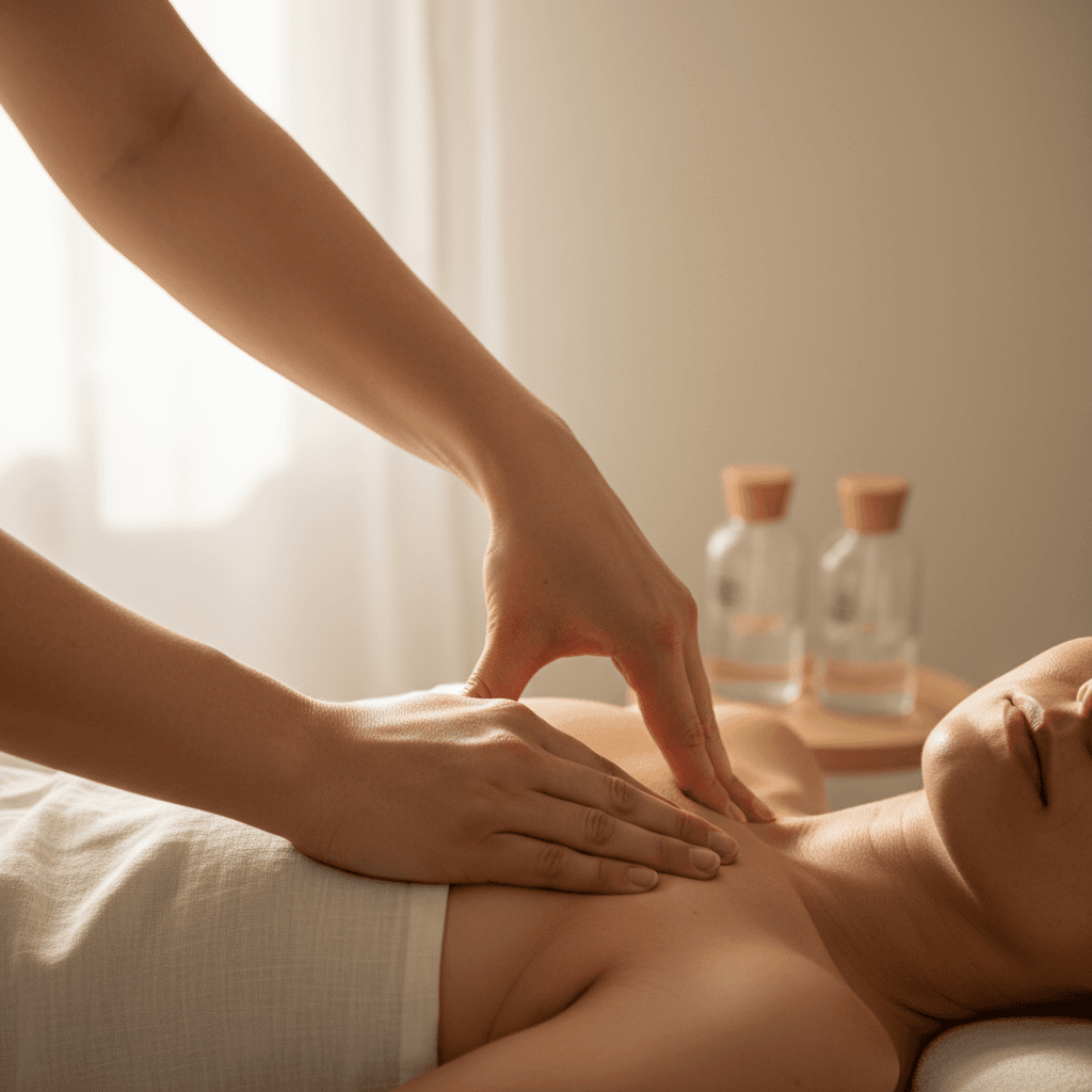 Massage therapist working on a client's shoulder in a clean spa room
