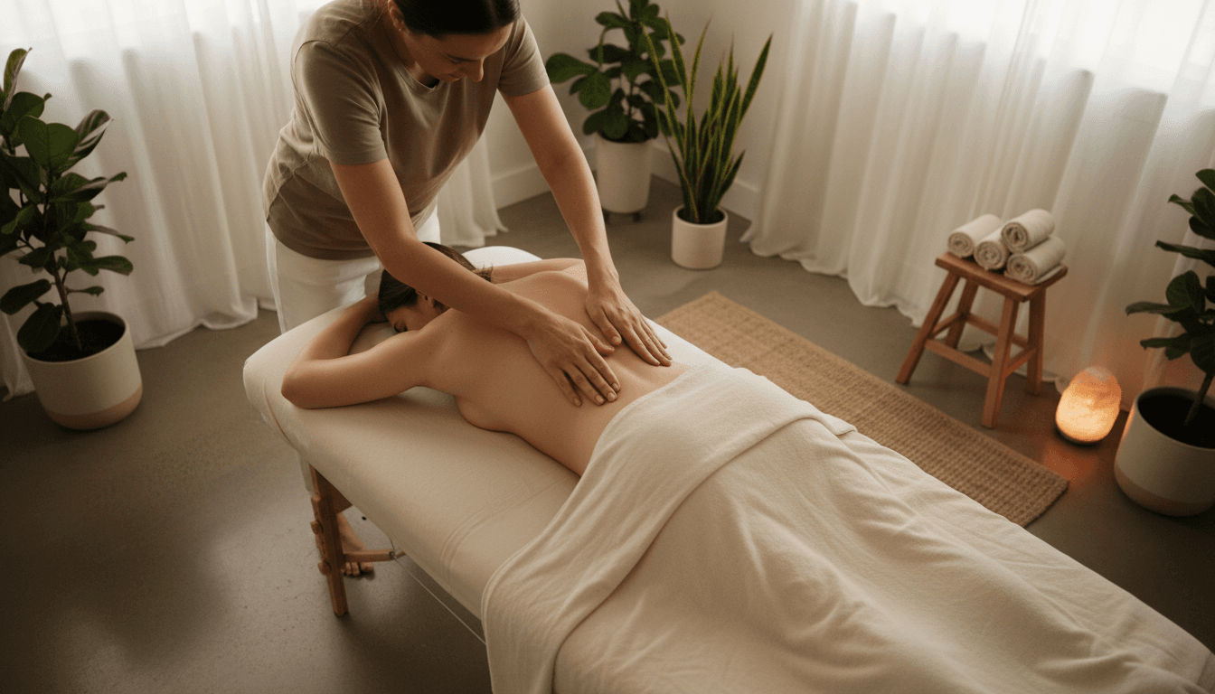 Massage table with white towels and flowers in a clean spa room