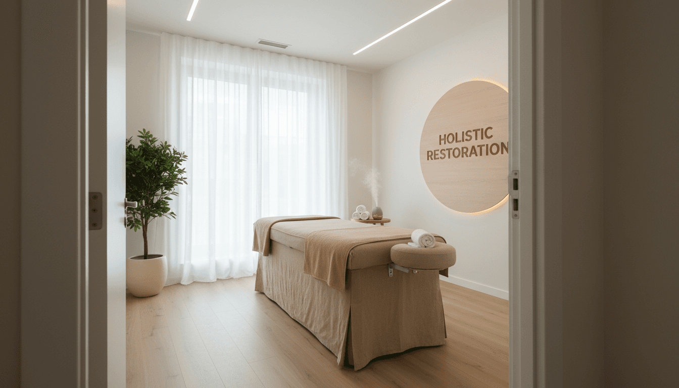 Clean and calm spa treatment room with massage table and essential oils