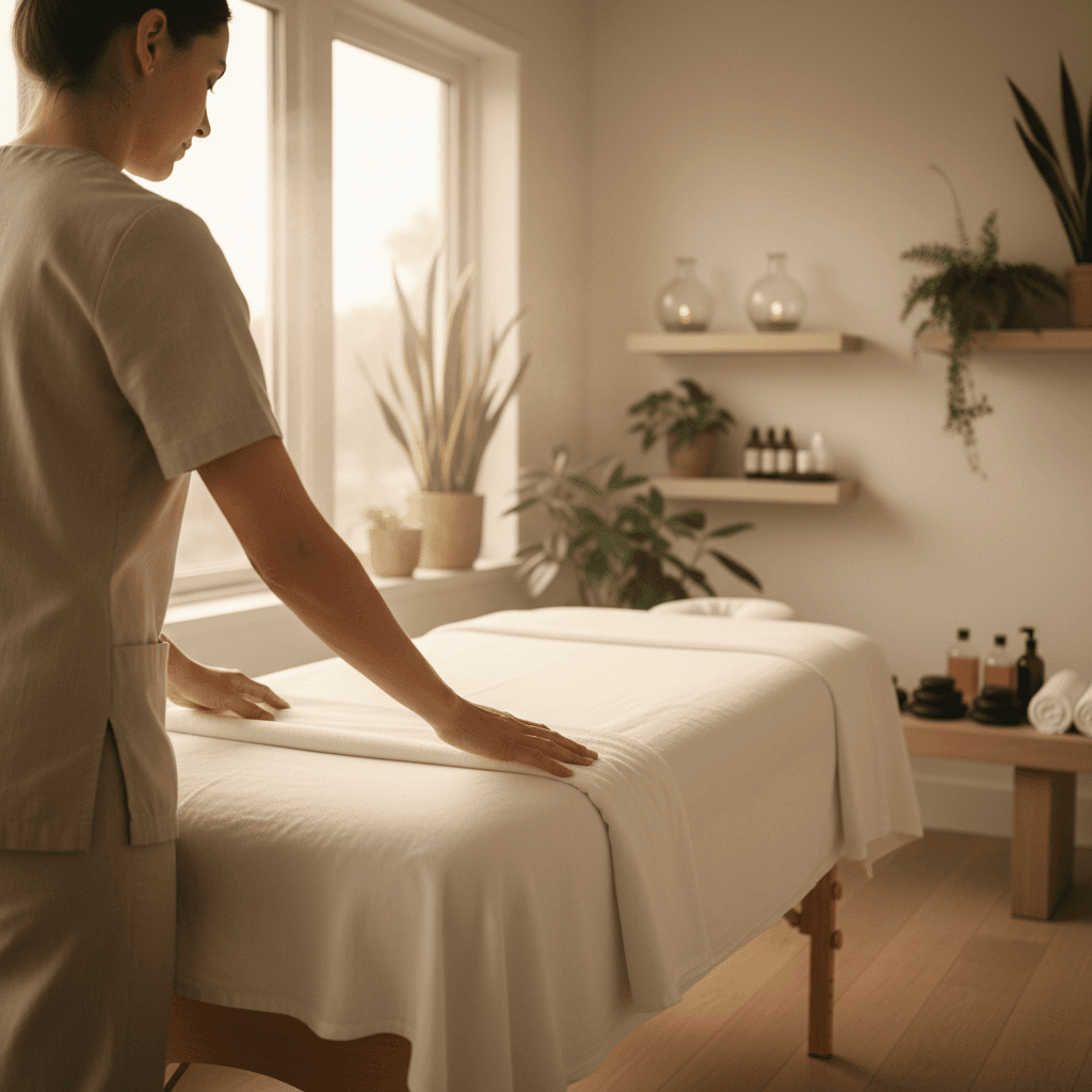 Spacious treatment room with massage table and natural light