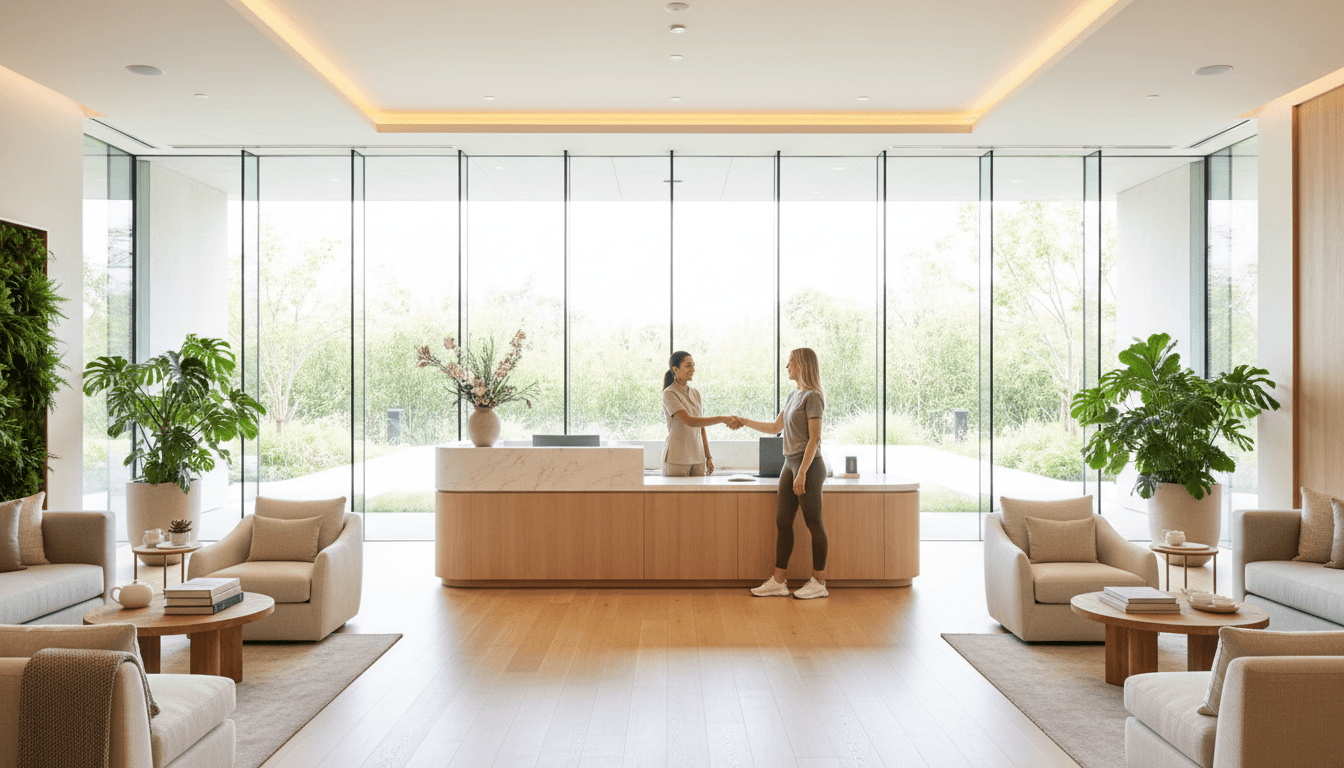 Clean and tidy spa reception area with towels and plant