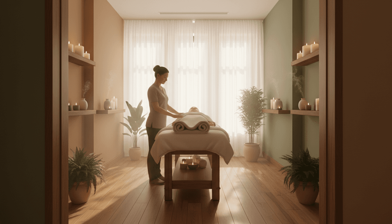 Peaceful treatment room with massage table and candlelight