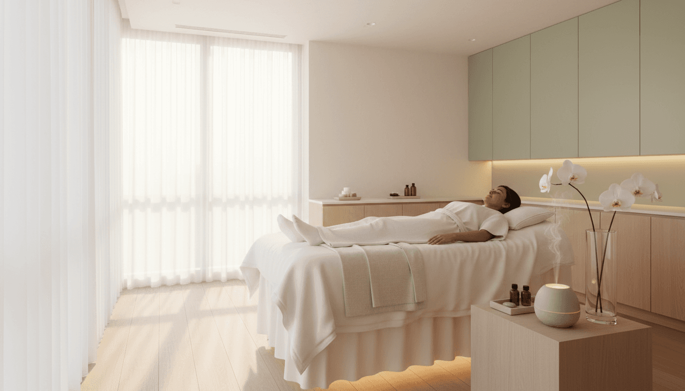 Empty spa room with two treatment beds and soft lighting