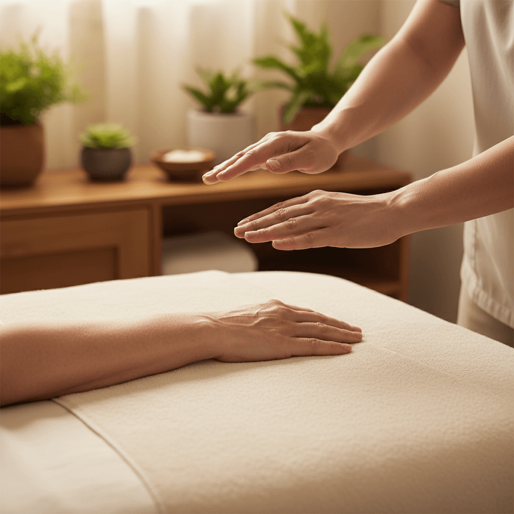Therapist hands giving a shoulder massage on a client draped in white linen